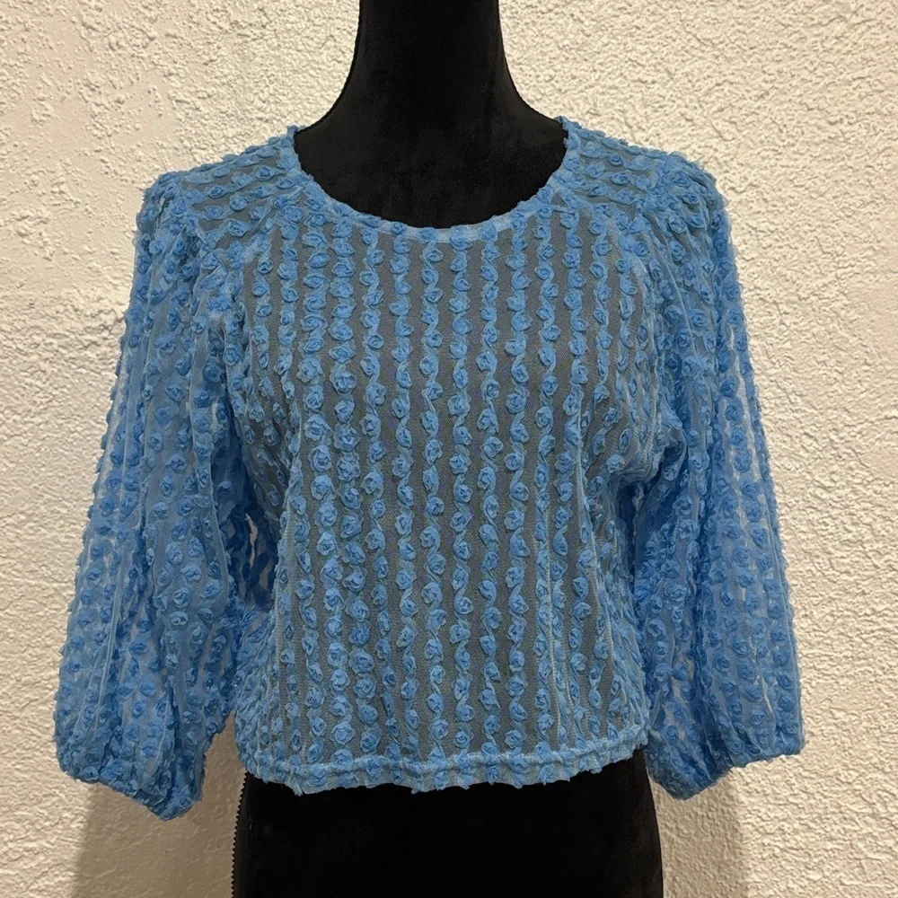 ZARA Sky Blue Textured Puff Sleeve Crop Top Cottagecore Romantic Boho Blouse M